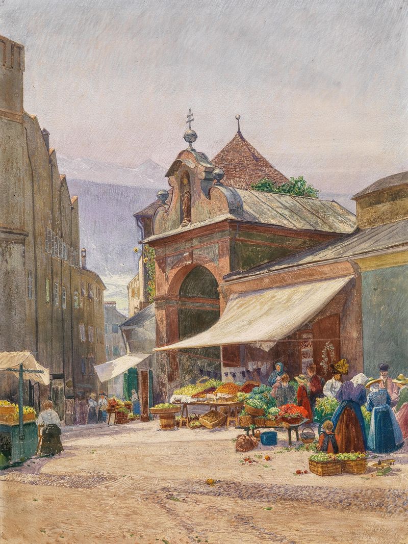 Genre scene of Markt in Hall by Hans Wilt, oil on canvas depicting a marketplace with warm light.