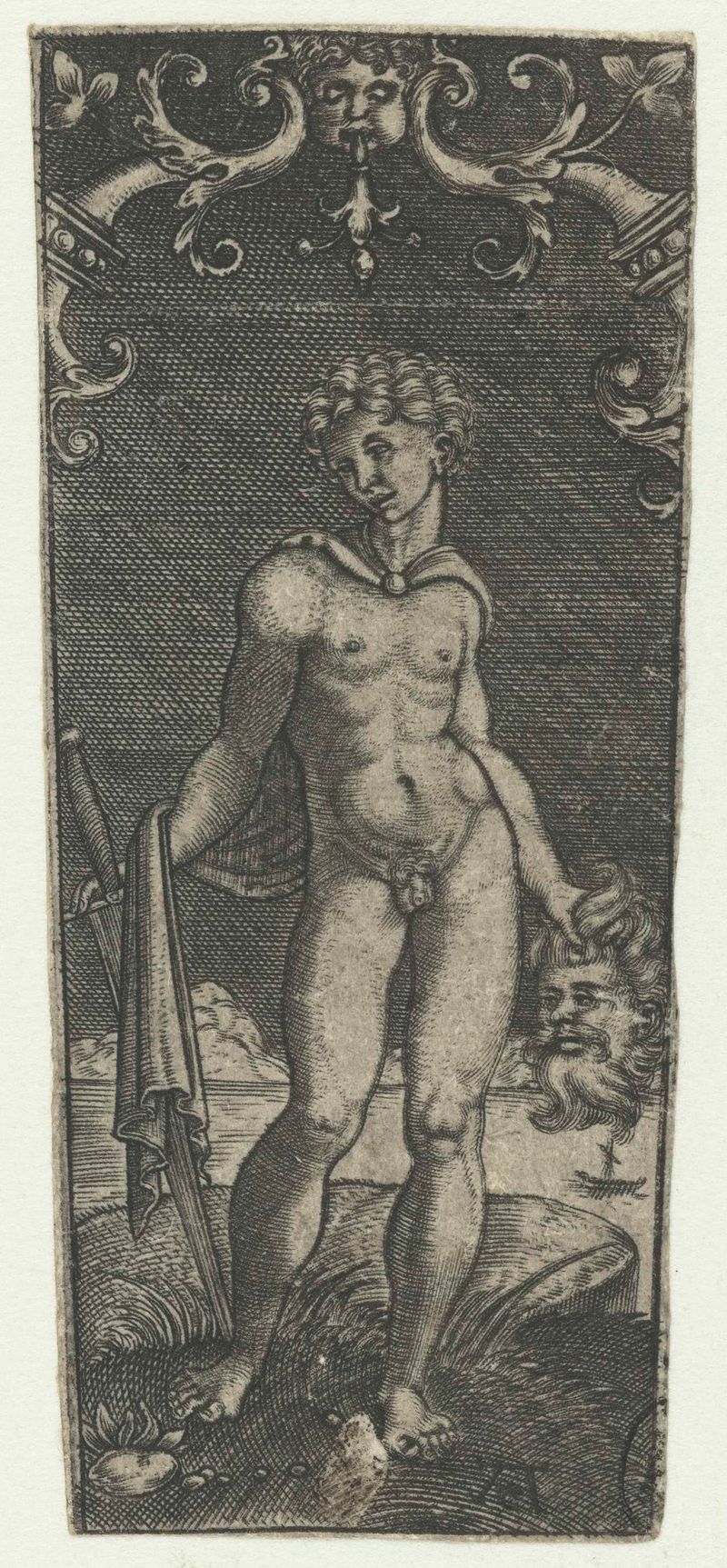 Grabado de Monogrammist AC que representa a David sosteniendo la cabeza de Goliat, grabado