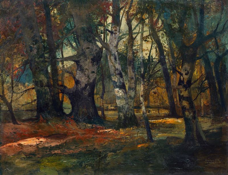 Autumn forest scene with trees and golden light, oil painting by Anton Müller-Wischin