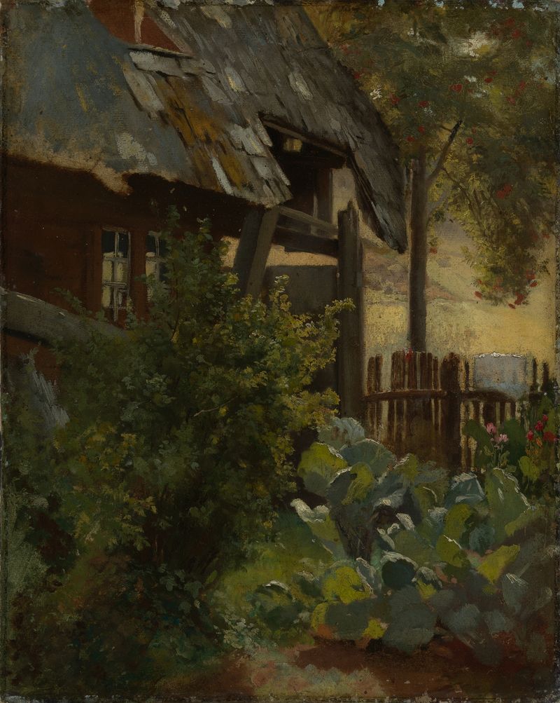 Kohlgarten mit Hausecke de Hans Thoma, realismo, que representa un jardín exuberante con hojas de col rizada.