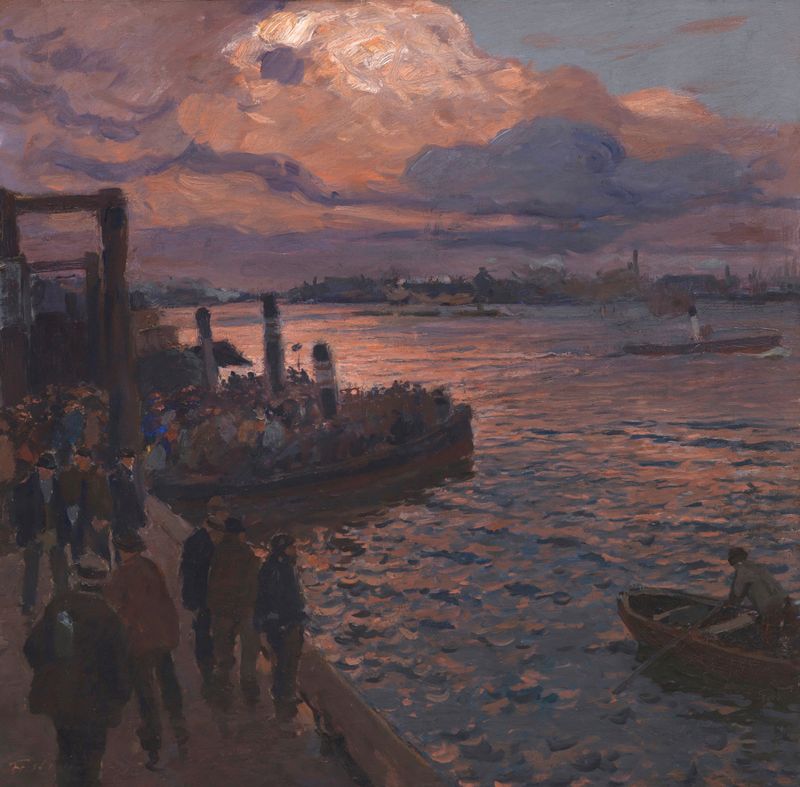 Marine scene at twilight in Hamburg harbor, oil painting by Friedrich Kallmorgen.
