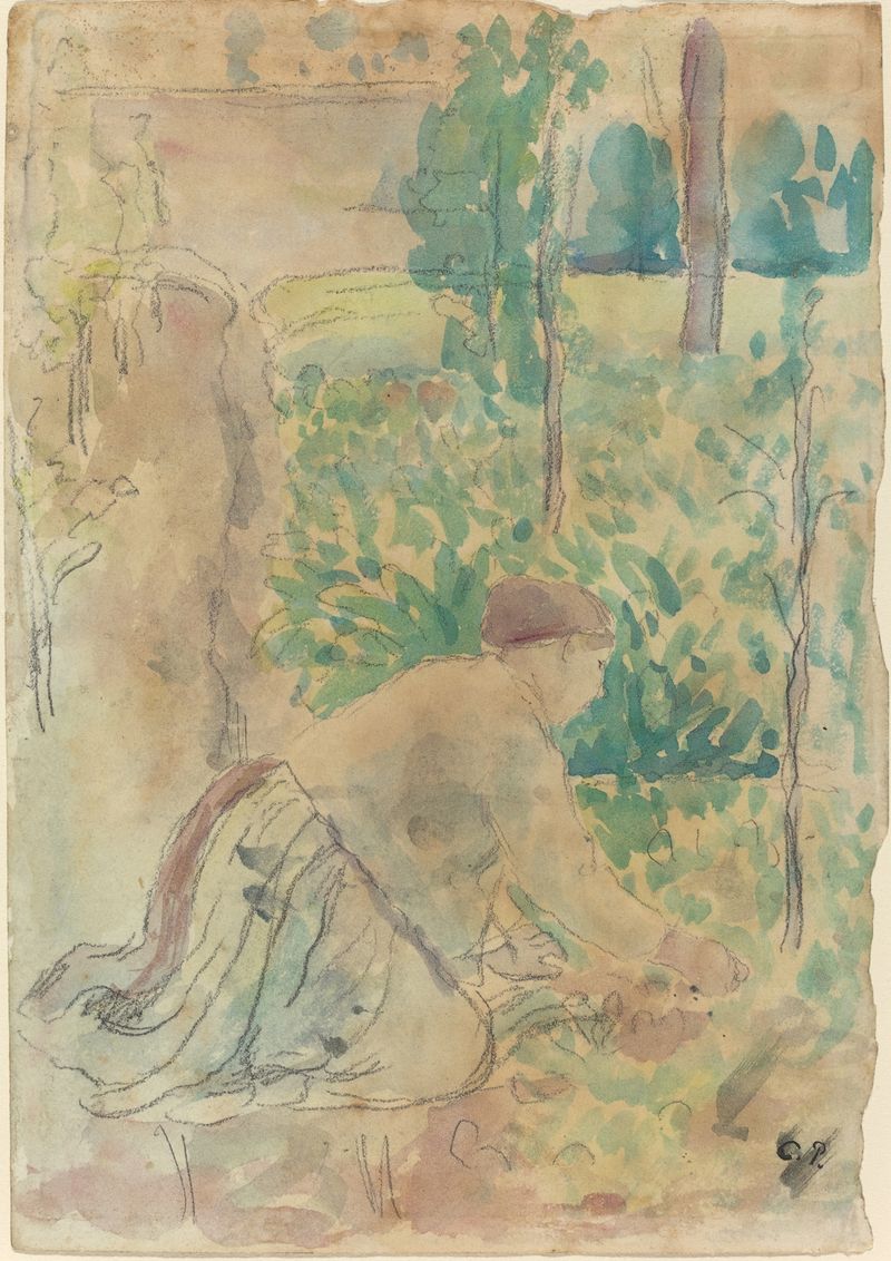Mujer trabajando en un jardín, óleo de Camille Pissarro