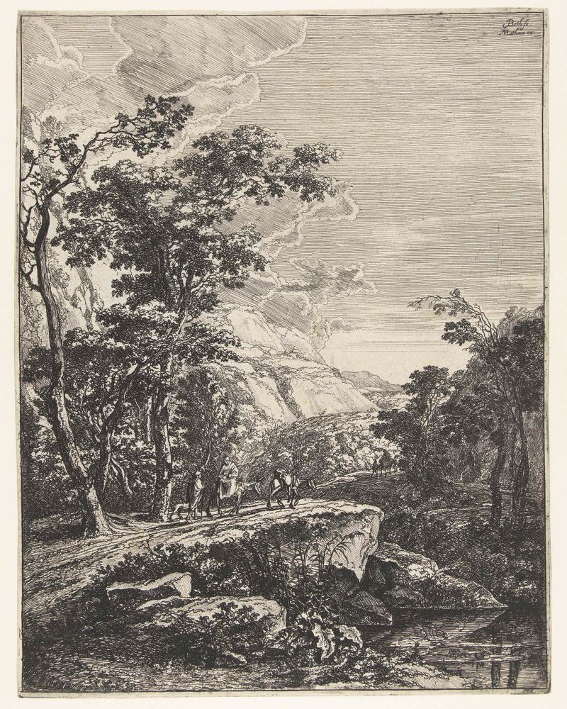 Landschap met vrouw rijdend op een muilezel langs de Aqua Negro, grabado de Jan Both