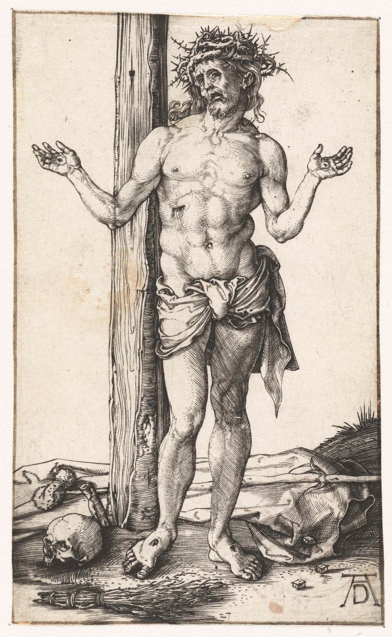 Grabado de Albrecht Dürer que muestra a Cristo con las manos levantadas en angustia.