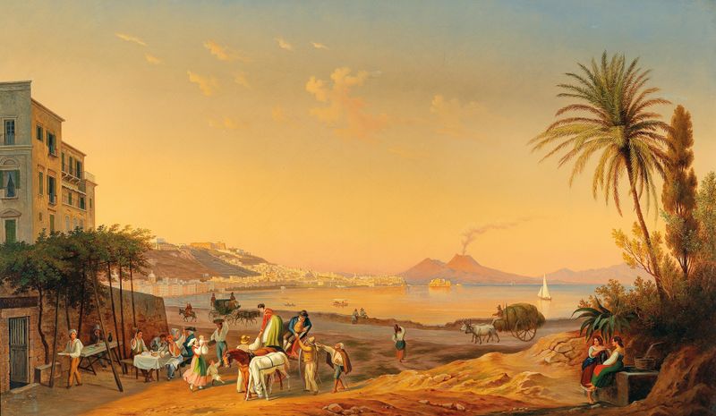 Genre scene of promenaders at dusk with Vesuvius, oil painting by Hubert Sattler