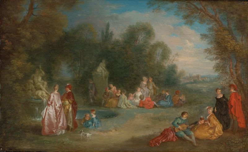 Fête Champêtre, oil on canvas by Christian Wilhelm Ernst Dietrich showing a joyful gathering of figures in nature.