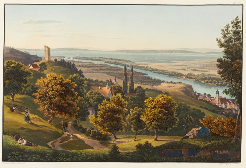Oil painting by Johann Ludwig Bleuler depicting a serene lake with ruins at twilight