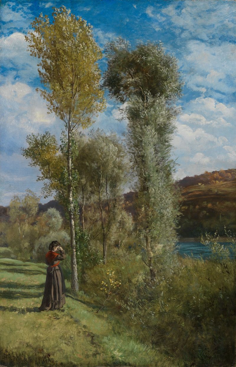 Paisaje que representa la escena de otoño con río y bosque de Hans Thoma, pintura al óleo