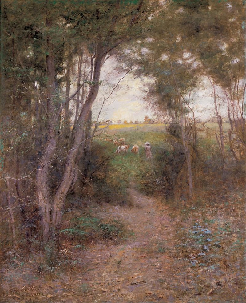 A ti-tree glade by Frederick McCubbin, oil on canvas showing sunlight filtering through trees.