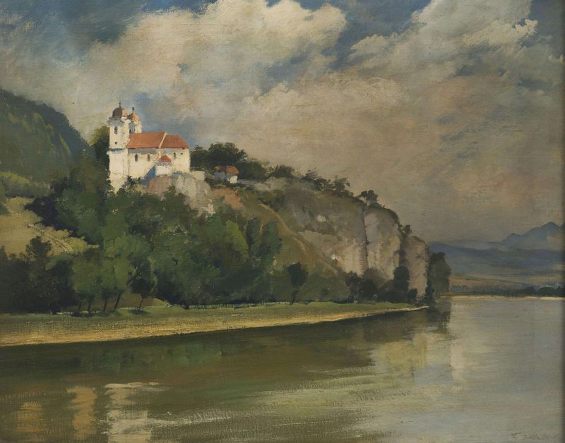 Paisagem com uma igreja acima de um rio, pintura a óleo de František Hladík