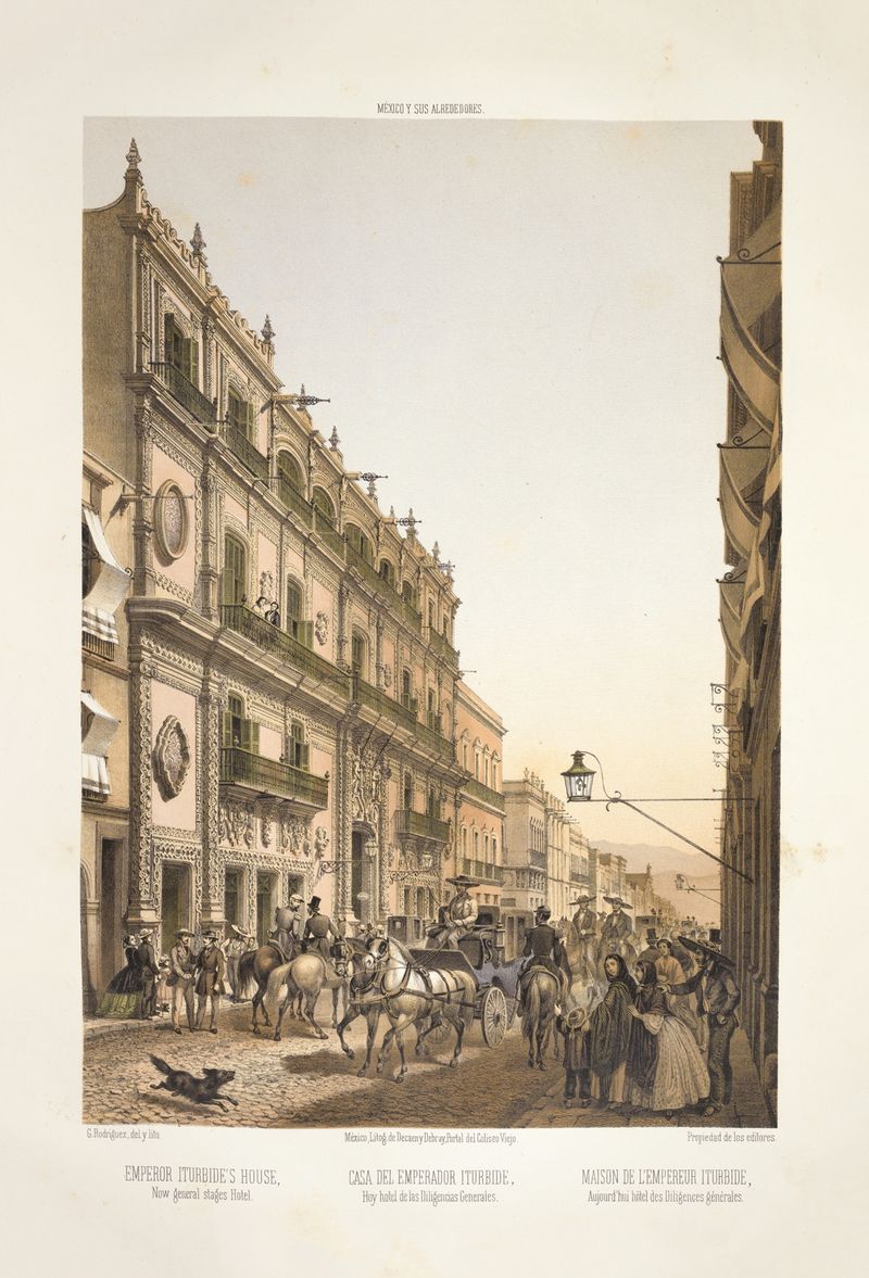 Arquitectura de la casa del emperador Iturbide de C. Castro, 1869, mostrando una fachada desgastada