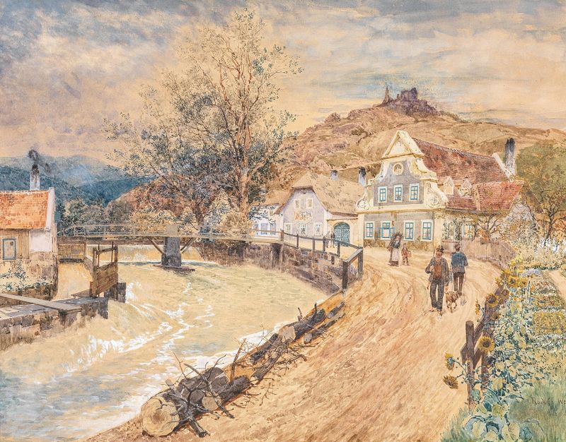 Landscape with ruins and river, oil painting by Rudolf Weber