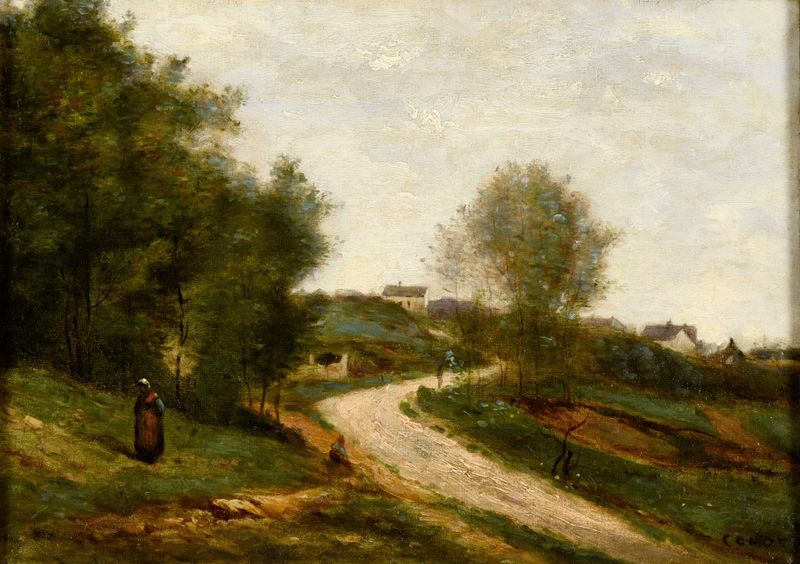 Paisagem com árvores e um rio de Jean-Baptiste-Camille Corot, pintura a óleo