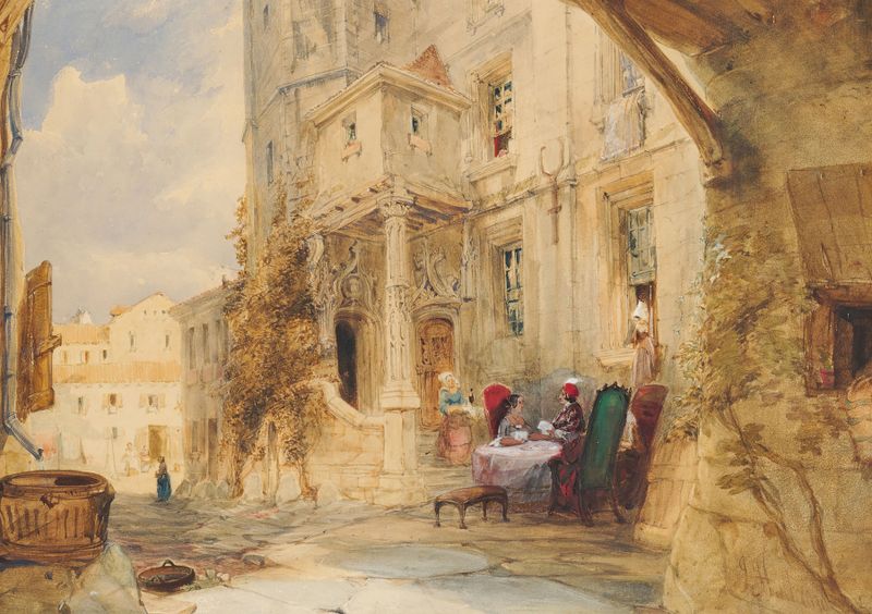 Cena de gênero com figuras em uma paisagem colorida, pintura a óleo de James Holland