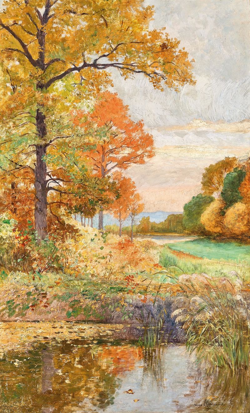 Autumn landscape oil painting by Hugo Charlemont with vibrant leaves and a winding path.
