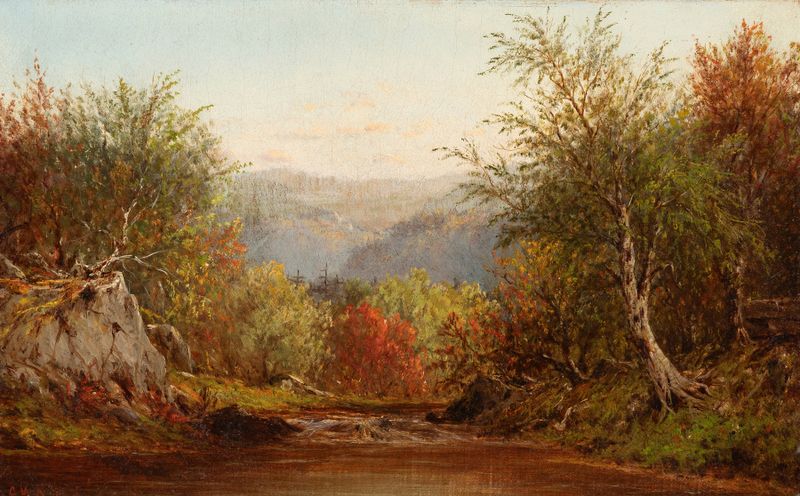 Autumn in the Catskills by Charles W. Knapp, oil on canvas depicting a tranquil landscape with golden leaves.