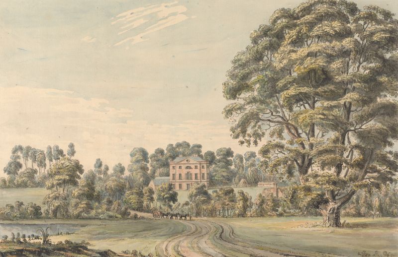 Watercolour by Moses Griffith depicting Bevere House and a stream in Worcestershire