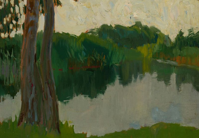 Impressionist landscape featuring a tranquil pond by Konrad Krzyżanowski