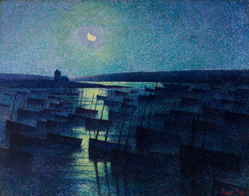 Camaret, Moonlight and Fishing Boats by Maximilien Luce, oil painting of fishing boats under moonlight