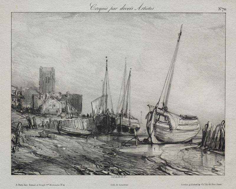 Fishing Boats along the Beach, óleo sobre tela de Eugène Isabey, retratando uma cena costeira com ondas suaves.