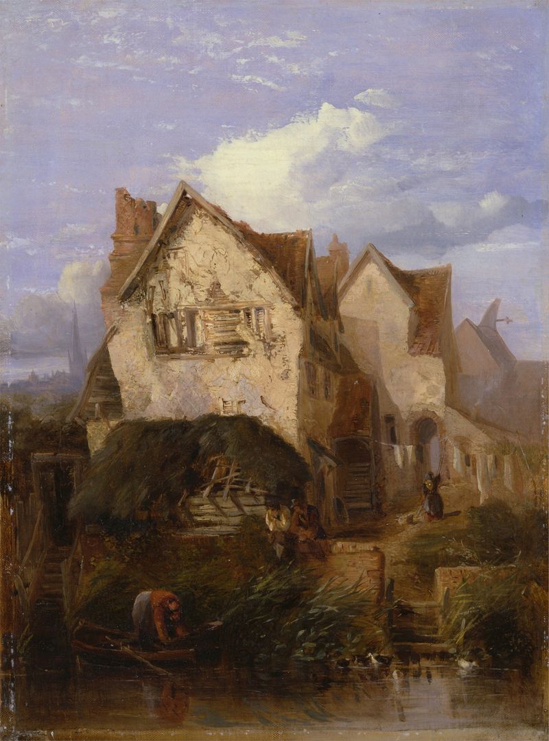 A View near Norwich, óleo sobre lienzo de Thomas Lound, que muestra un río y árboles.