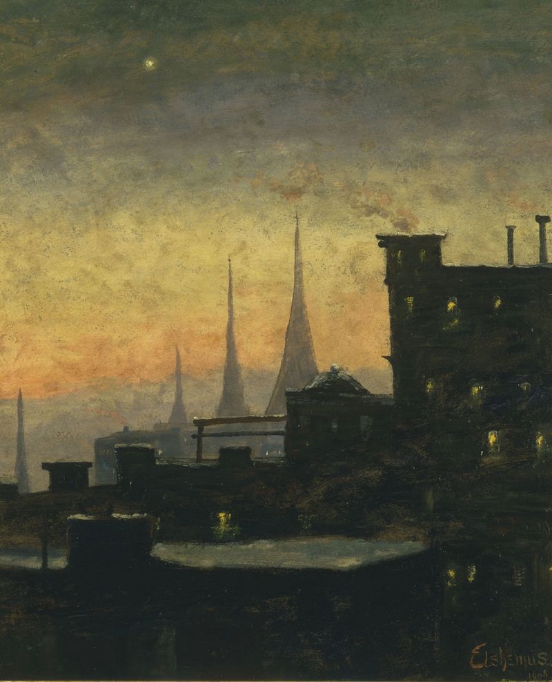 Rooftops against a fading sky, oil painting by Louis Michel Eilshemius