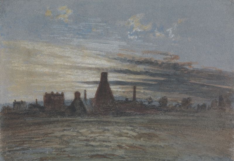 Oast House at Dusk by Thomas Lindsay, oil on canvas depicting a twilight landscape.