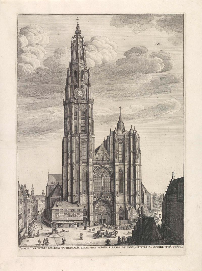 Grabado de la fachada de la catedral por Wenceslaus Hollar, con detalles intrincados en piedra.