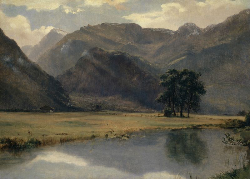 Landscape in the Canton of Uri by Alexandre Calame, oil painting depicting mountains and clouds.
