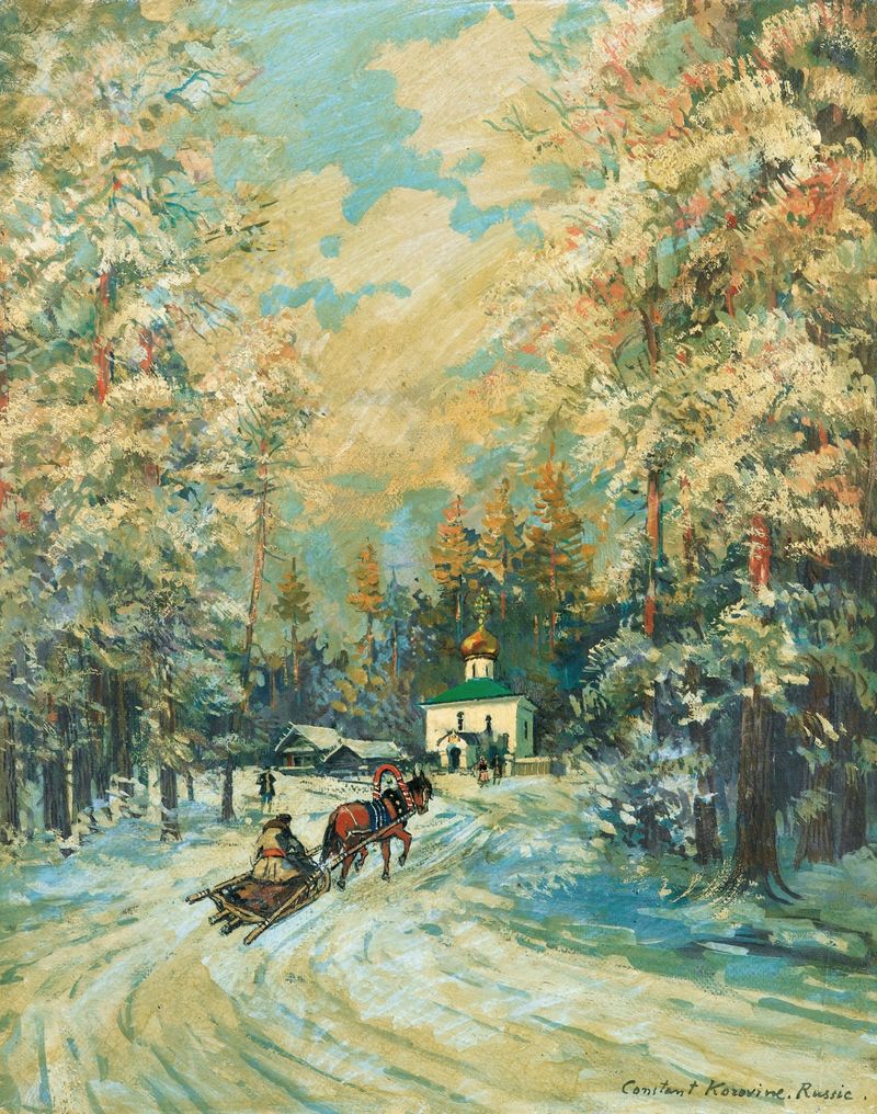 Traineau se dirigeant vers une chapelle de Konstantin Alexeevich Korovin, pintura al óleo que muestra un trineo en la nieve.