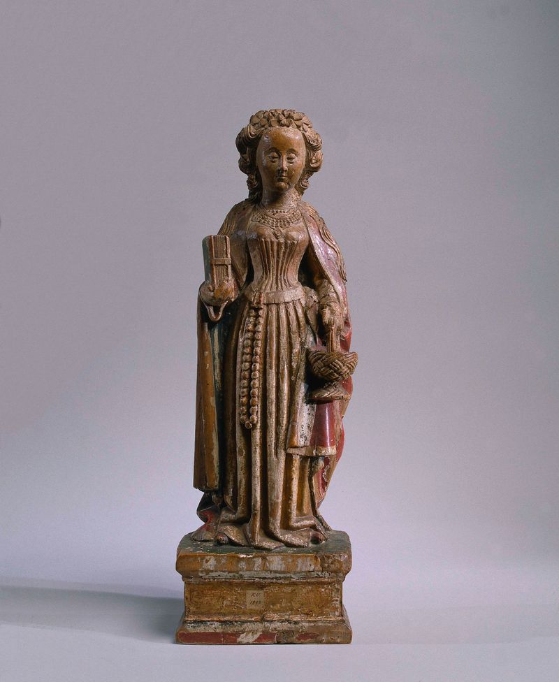 St Dorothy by Master of Koudewater, walnut medium, depicting a serene figure in a lush garden.