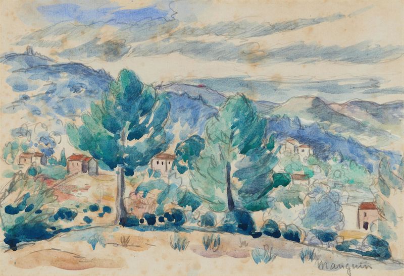 Paysage à Saint-Tropez de Henri Charles Manguin, óleo sobre lienzo que representa un paisaje vibrante