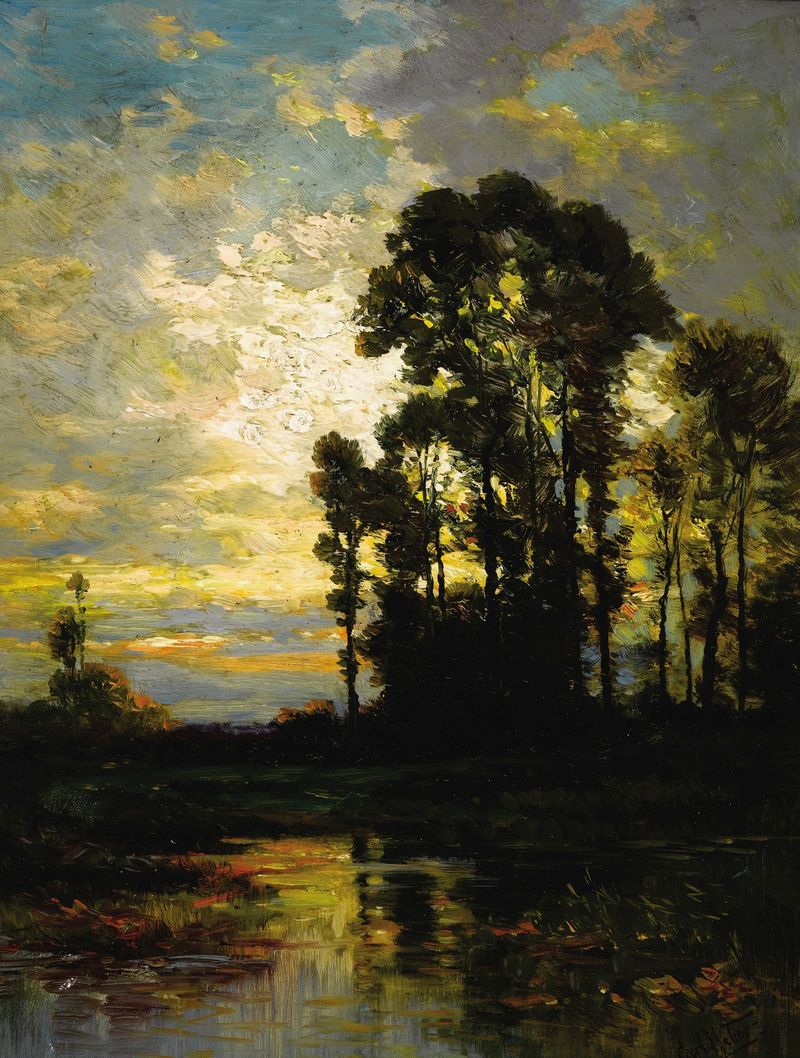 Pastoral Sunset by Carl Weber, oil on canvas depicting a tranquil landscape at sunset