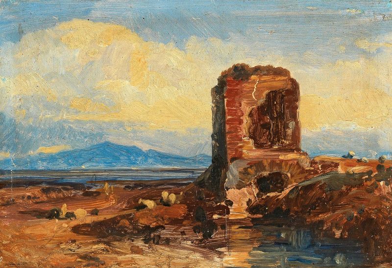 Ruins in the Campagna de Edward Lear, óleo sobre tela que retrata arcos desgastados e luz do sol.