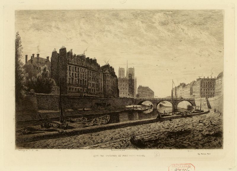 Pont St-Michel et quai des Orfèvres, óleo sobre tela de Alfred Alexandre Delauney, apresentando um rio e uma ponte.