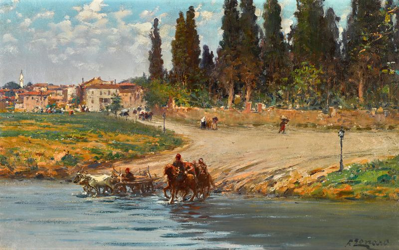 Escena marina que representa agua en la orilla por Fausto Zonaro, Impresionismo