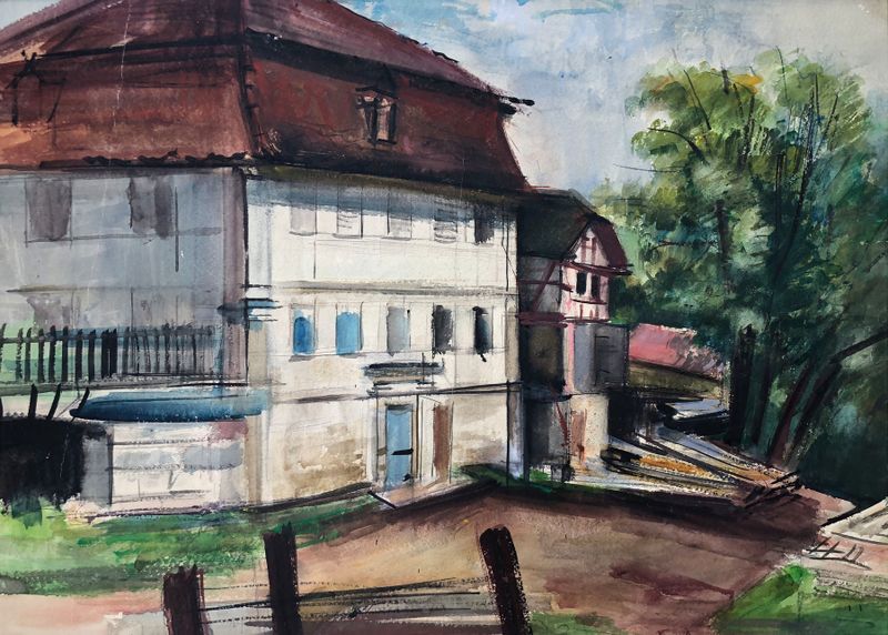 Häuser in Franken de Otto Geigenberger, óleo sobre tela mostrando casas rurais e árvores