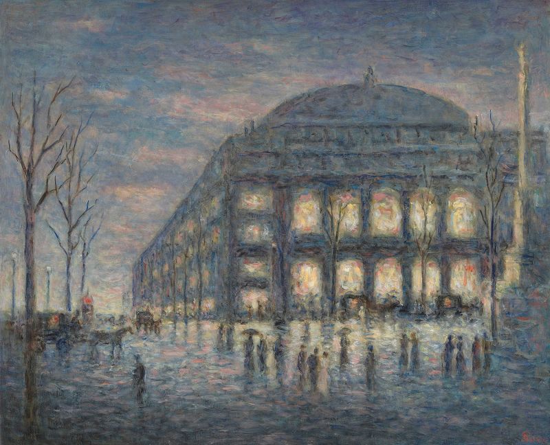 Escena de género que representa la multitud del teatro parisino por Maximilien Luce, pintura al óleo