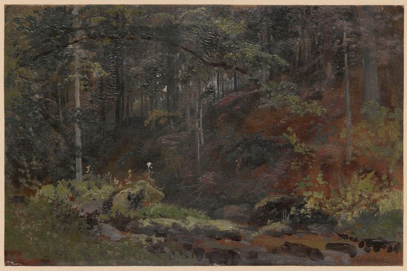 Forest stream II by Adolf Dressler, oil on canvas depicting a serene landscape with a flowing stream.