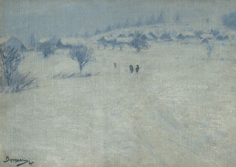 Paisagem de inverno de Vasily Vereshchagin, retratando solo coberto de neve e árvores, pintura a óleo