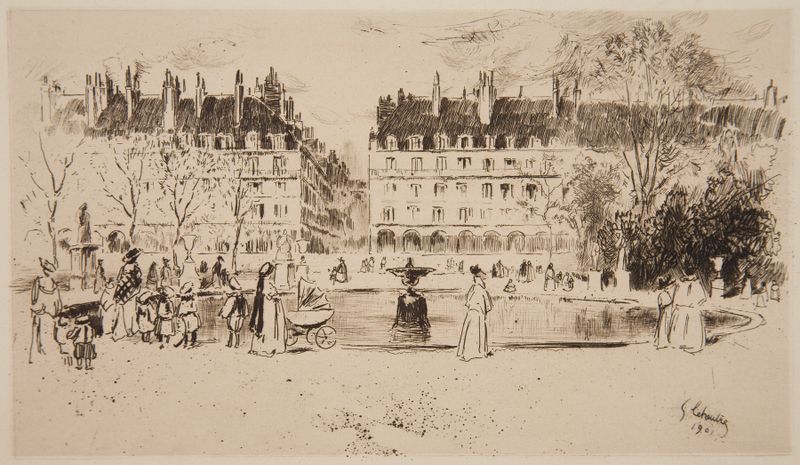 Le Petit Bassin des Tuileries de Gustave Leheutre, óleo sobre tela que retrata uma cena de jardim tranquila.