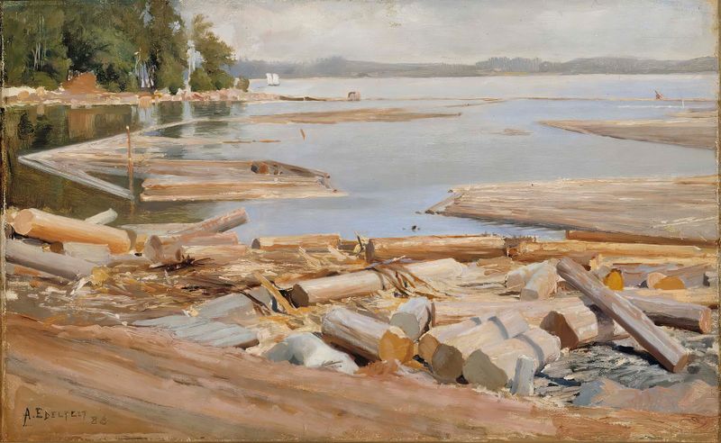 Log Raft de Albert Edelfelt, pintura a óleo que retrata figuras em troncos flutuantes na água.