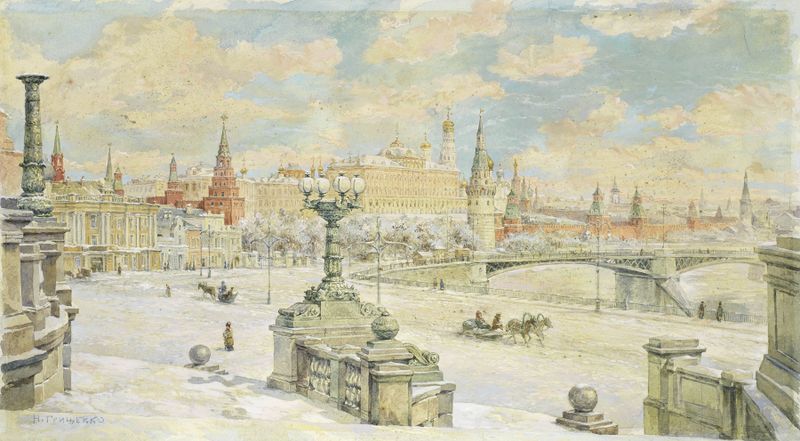 Paisagem de inverno com o Kremlin, óleo sobre tela de Nikolai Nikolaevich Gritsenko