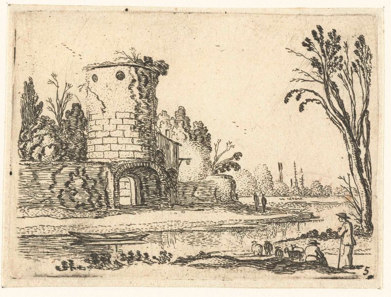 Ronde toren met een poort, grabado de Esaias van de Velde que muestra una torre redonda y una puerta.