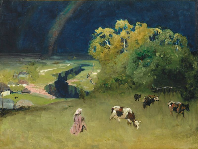 The Rainbow by Nikolai Nikanorovich Dubovskoy, oil on canvas depicting a rainbow over a lush landscape.