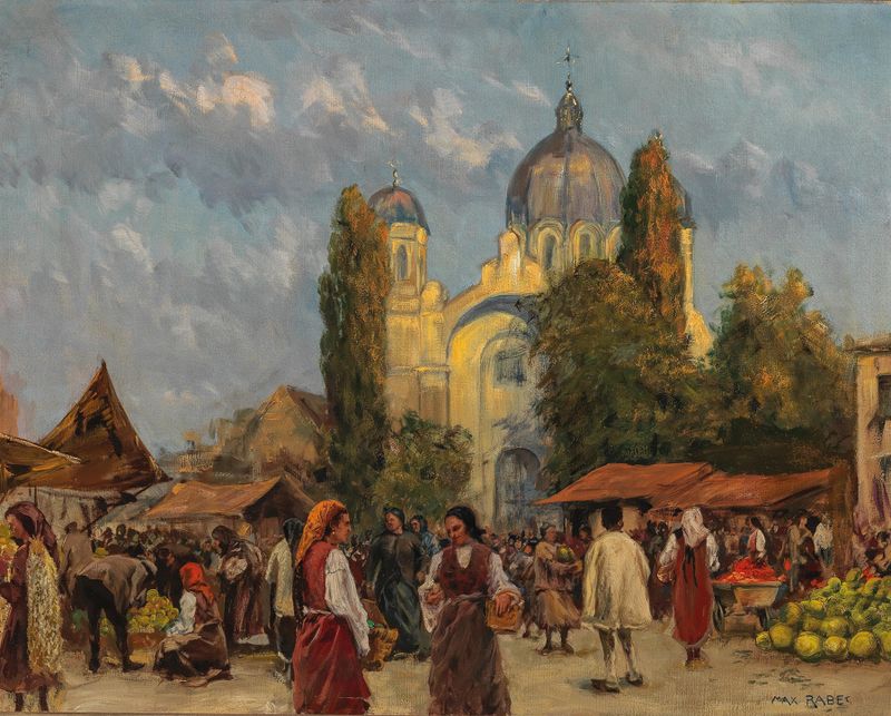 Genre scene depicting a market in Sofia by Max Friedrich Rabes, oil painting