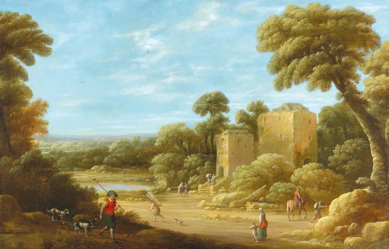 A landscape with figures in front of a ruin, oil on canvas by Joost Cornelisz Droochsloot