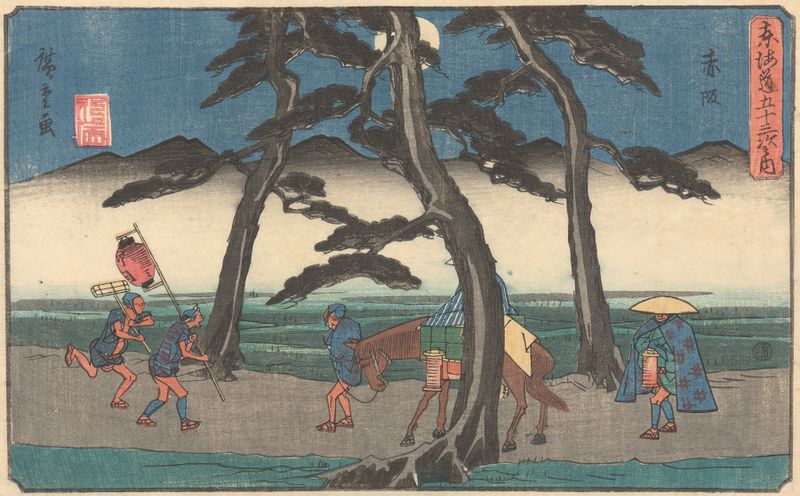 Ukiyo-e de Utagawa Hiroshige, retratando um rio tranquilo ao crepúsculo