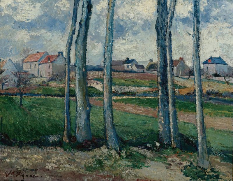 Landscape with trees and a village by Victor Vignon, oil painting.