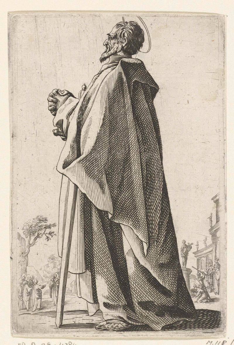 Grabado religioso de Apostel Mattheüs por Unknown Artist, destacando luz y sombra.